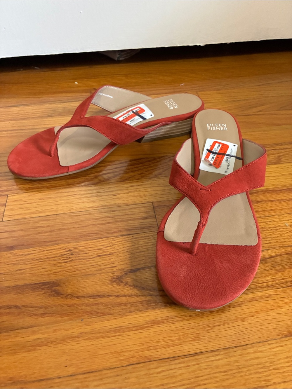 Eileen Fisher Red/Coral Suede Thong Sandals with Low Heel